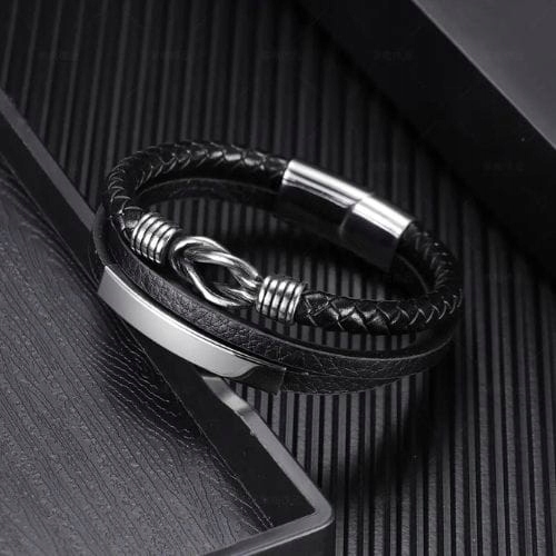 Skórzana bransoletka męska z grawerem Materiał posrebrzany skóra stal inny