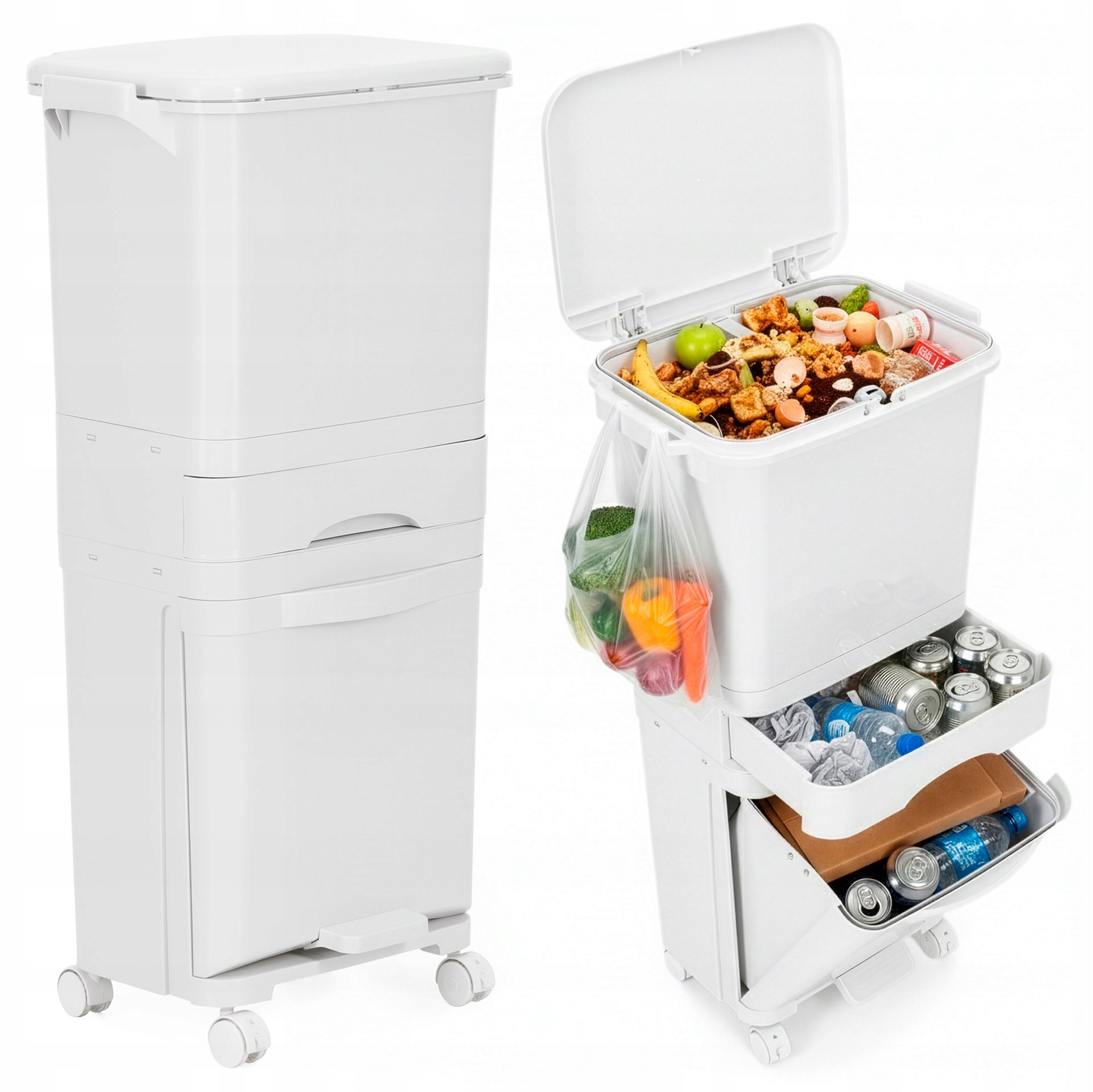 Kosz Pojemnik Na Śmieci Do Segregacji Odpadów 3 Komory 42L Na Kółkach Biały