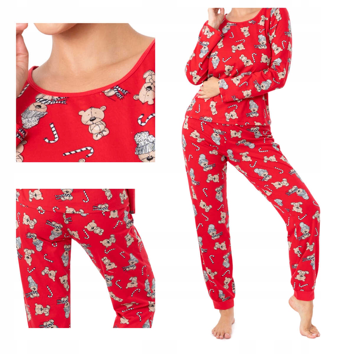 Donna Dámské bavlněné pyžamo s dlouhým rukávem Bear long červené XL (Červené pyžamo s medvědem, velikost XL)