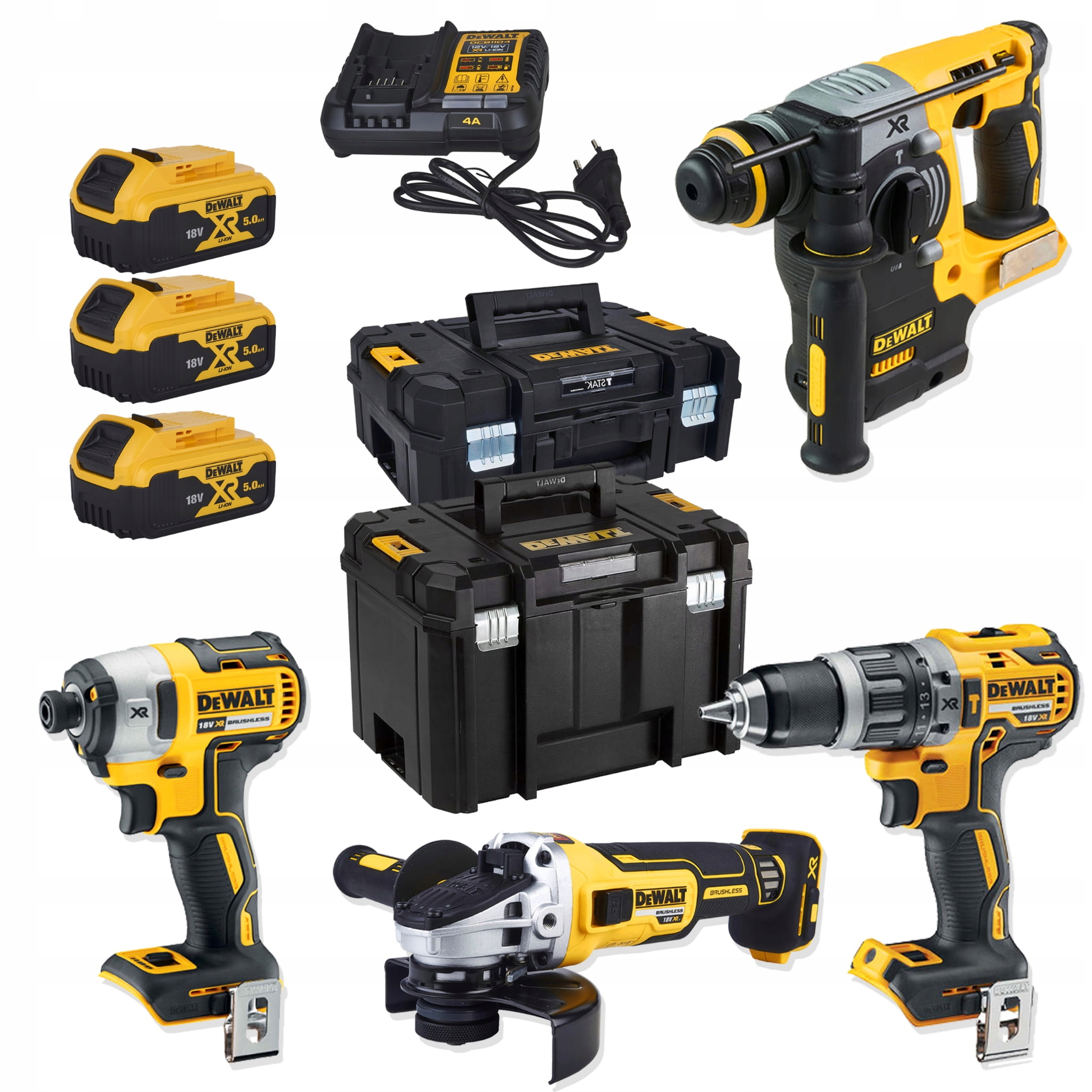 Zestaw 18V Wiertar-wkręt, Młotowier, Szlif, Zakręt, 2x5,0Ah+ŁADOWAR. Dewalt