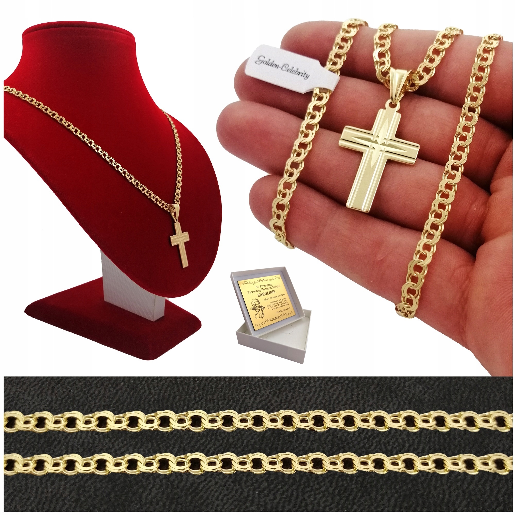 ŁAŃCUSZEK Z KRZYŻYKIEM NA KOMUNIĘ SREBRO 925+ZŁOTO