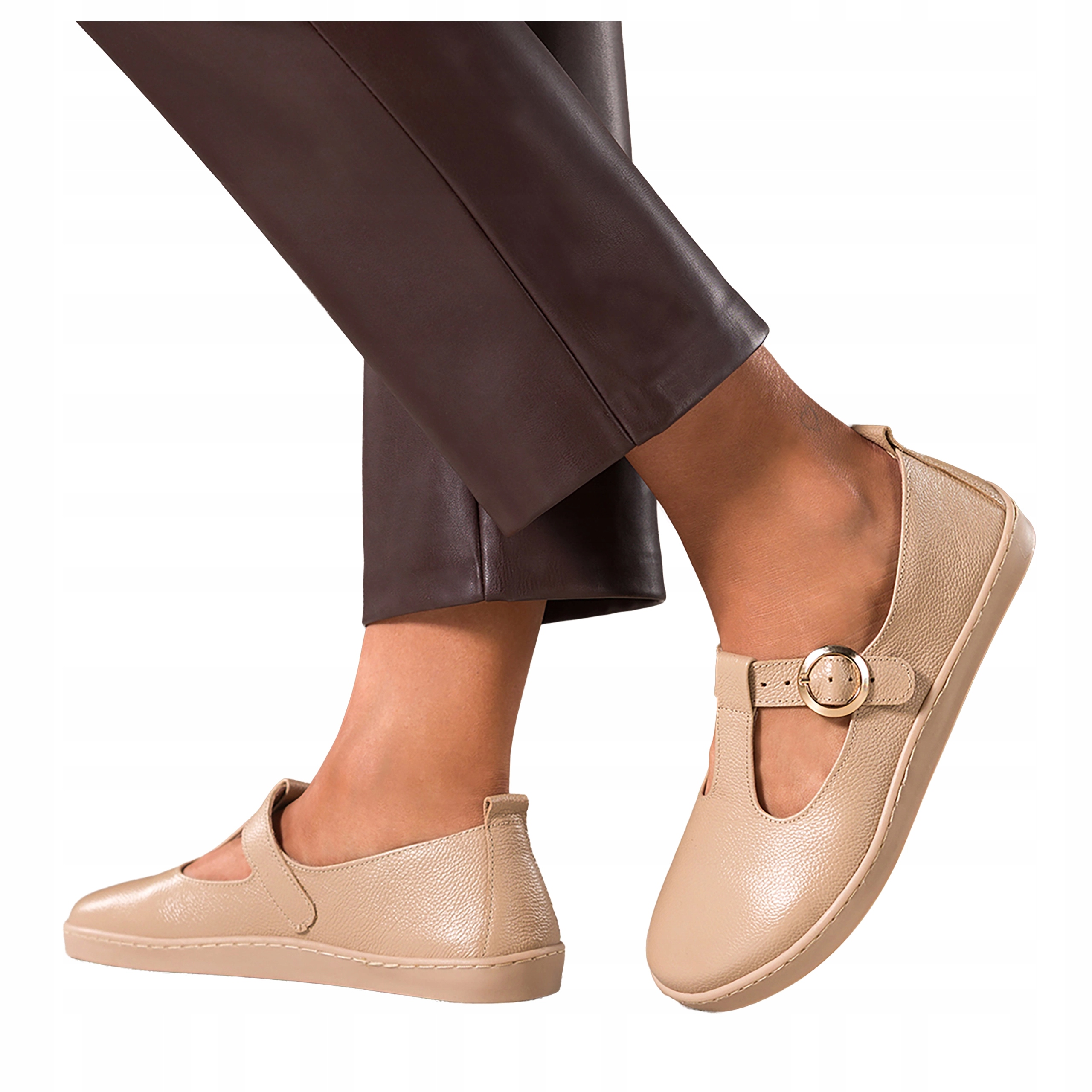 Béžové Barefoot Boty Dámské Elastické Široké Zlaté Kožené Spony vel. 40