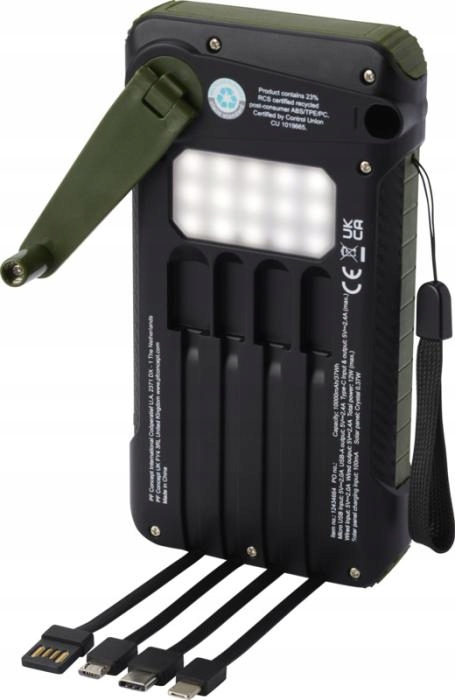 Solárna powerbanka 10000 mAh dynamo s kľukou, plast Abs, recyklácia, certifikát