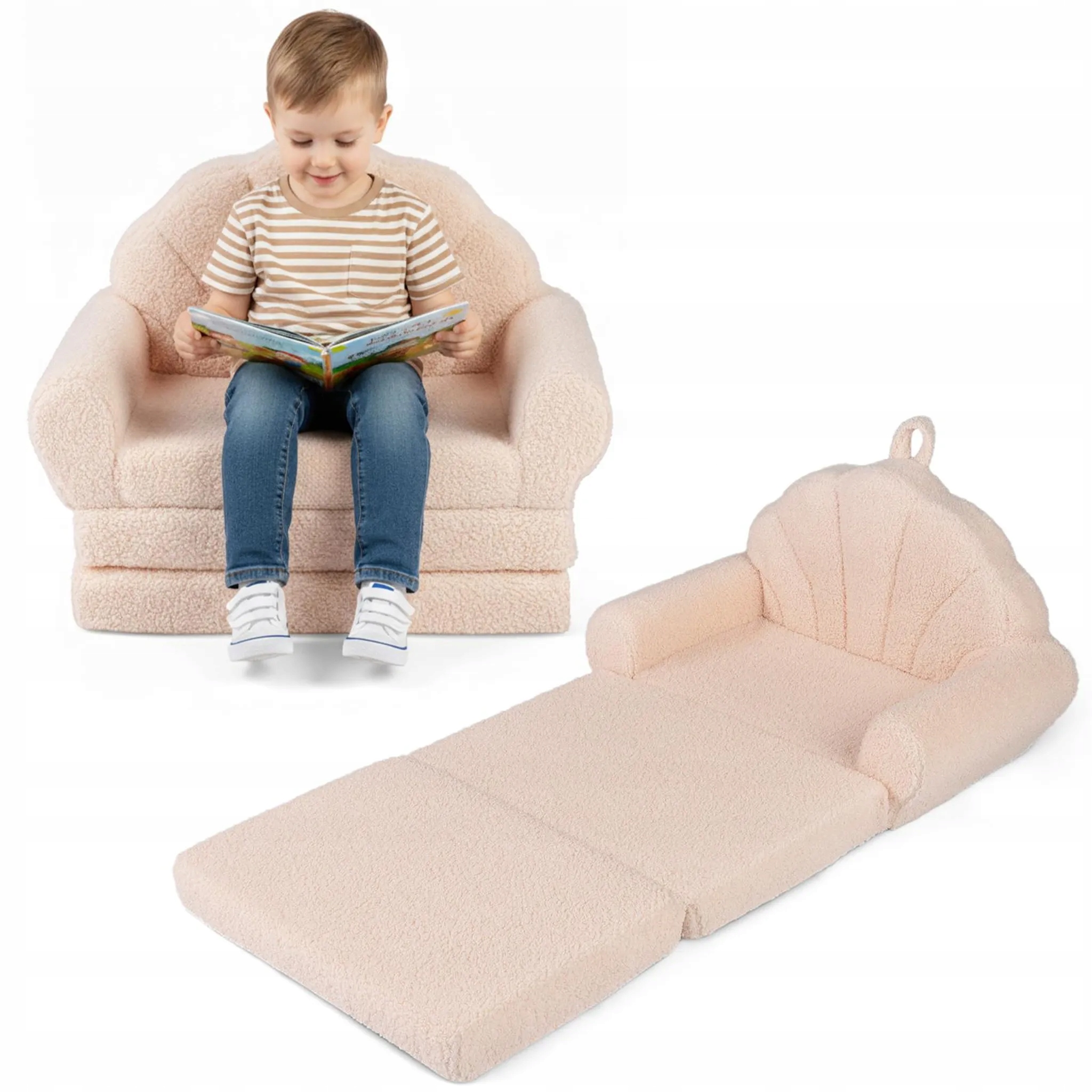 Rozkładana sofa piankowa dla dzieci fotelik łóżko 2w1 baranek beżowa leżak
