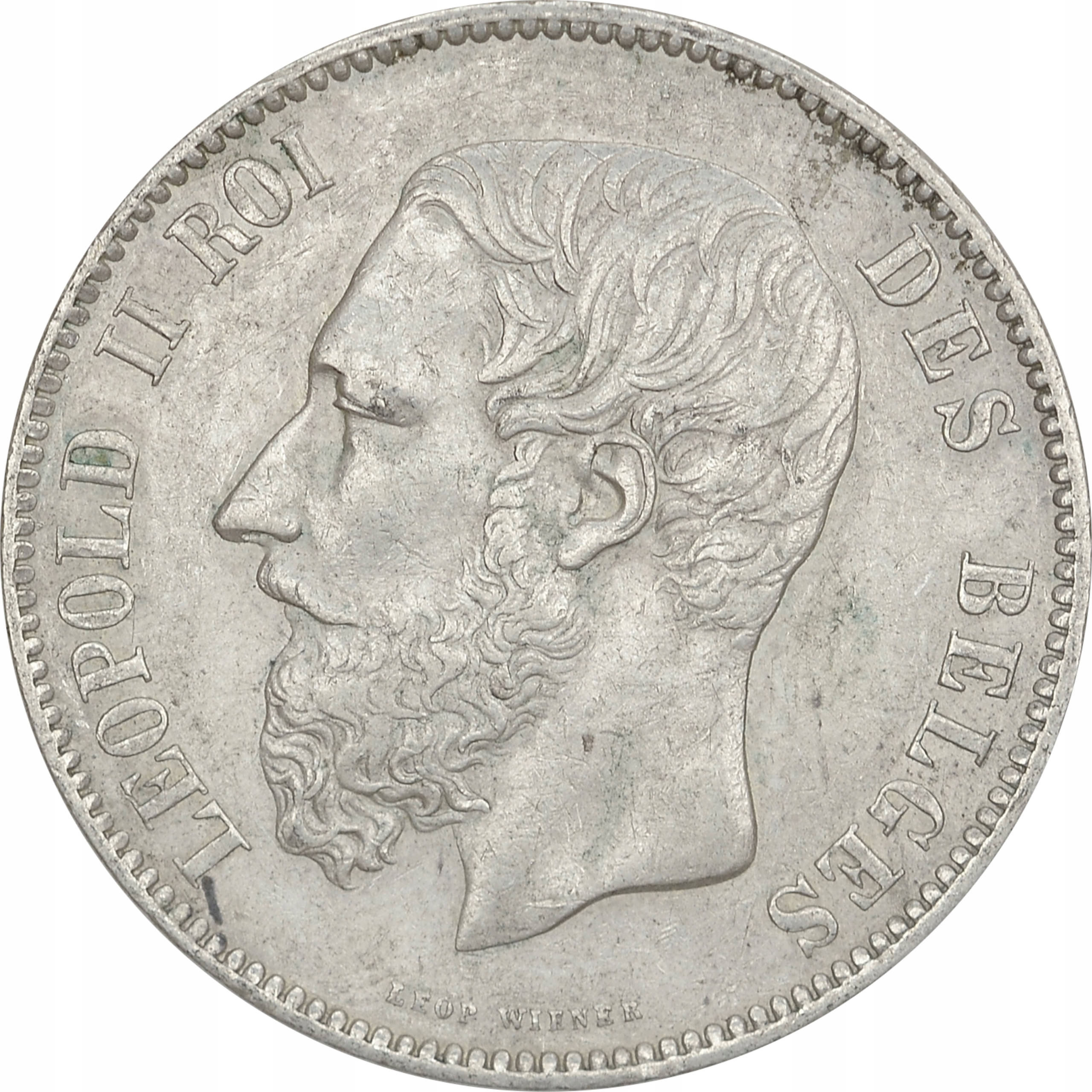 19.BELGIA, LEOPOLD II, 5 FRANKÓW 1875