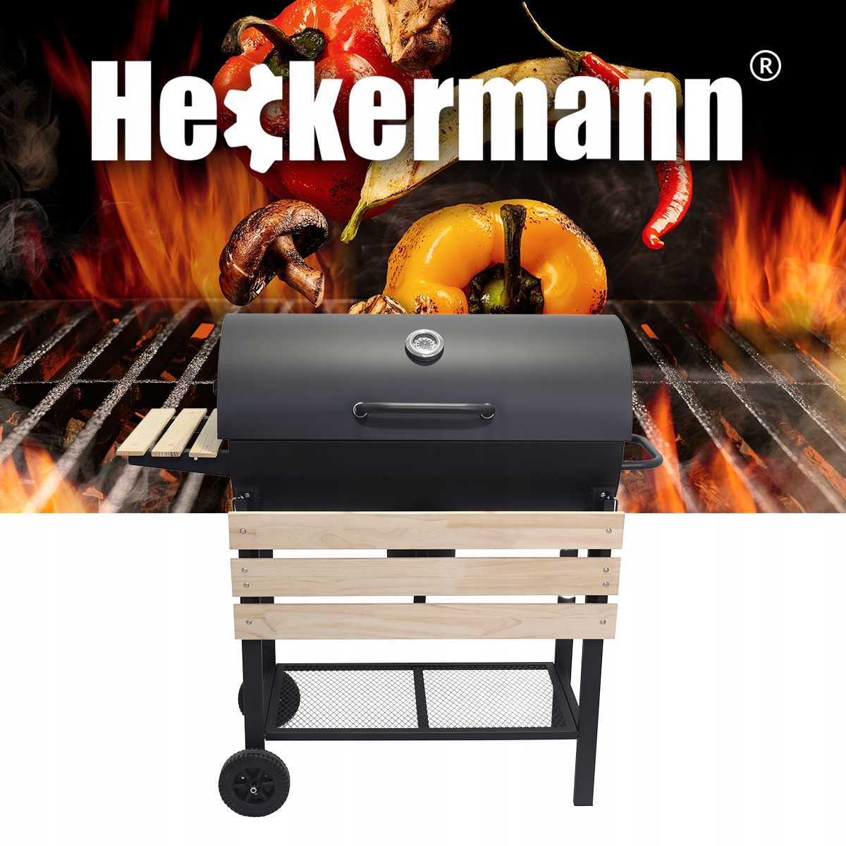 GRILL WĘGLOWY OGRODOWY 2 RUSZTY CHROMOWANE 2 PÓŁKI POPIELNIK TERMOMETR STAL Producent Heckermann