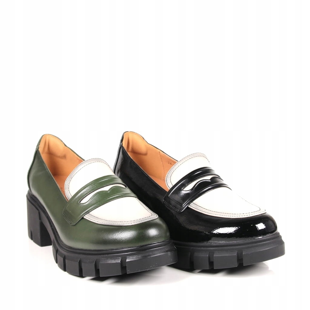PÓŁBUTY DAMSKIE MOKASYNY PLATFORMA GRUBA PODESZWA LORDSY ZIELONE POTOCKI Nosek migdałowy