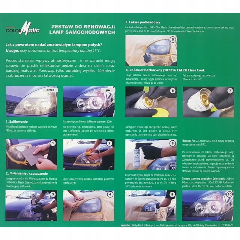 COLORMATIC ZESTAW DO REGENERACJI LAMP REFLEKTORÓW SAMOCHODOWYCH ! Rodzaj polerowanie lamp