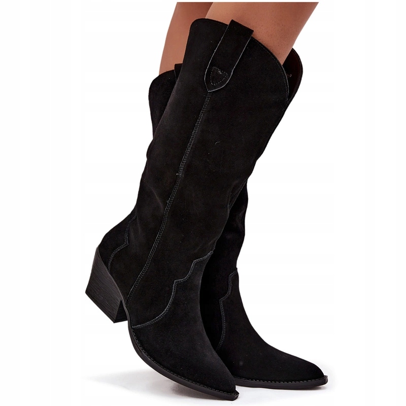 Kozačky Kovbojské Boty Kožené Semišové Na Podpatku Zateplené Černé 37