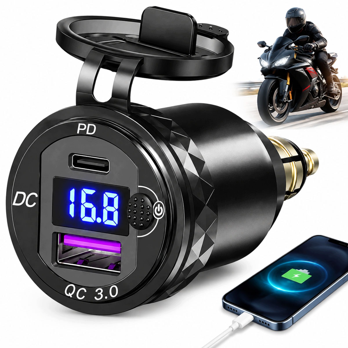 Ładowarka Motocyklowa Din Hella Bmw Usb-a Usb-c QC3.0 Woltomierz