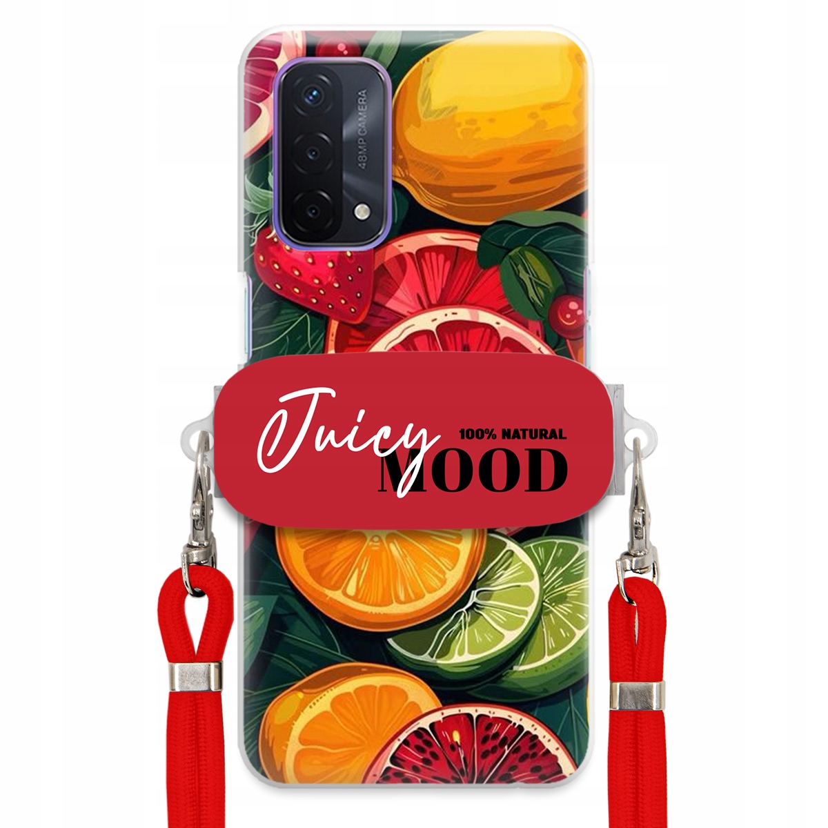 Pouzdro pro Oppo A54 5G Červené vodítko Crossbody+ Držák Módní Juice Mood Ovoce