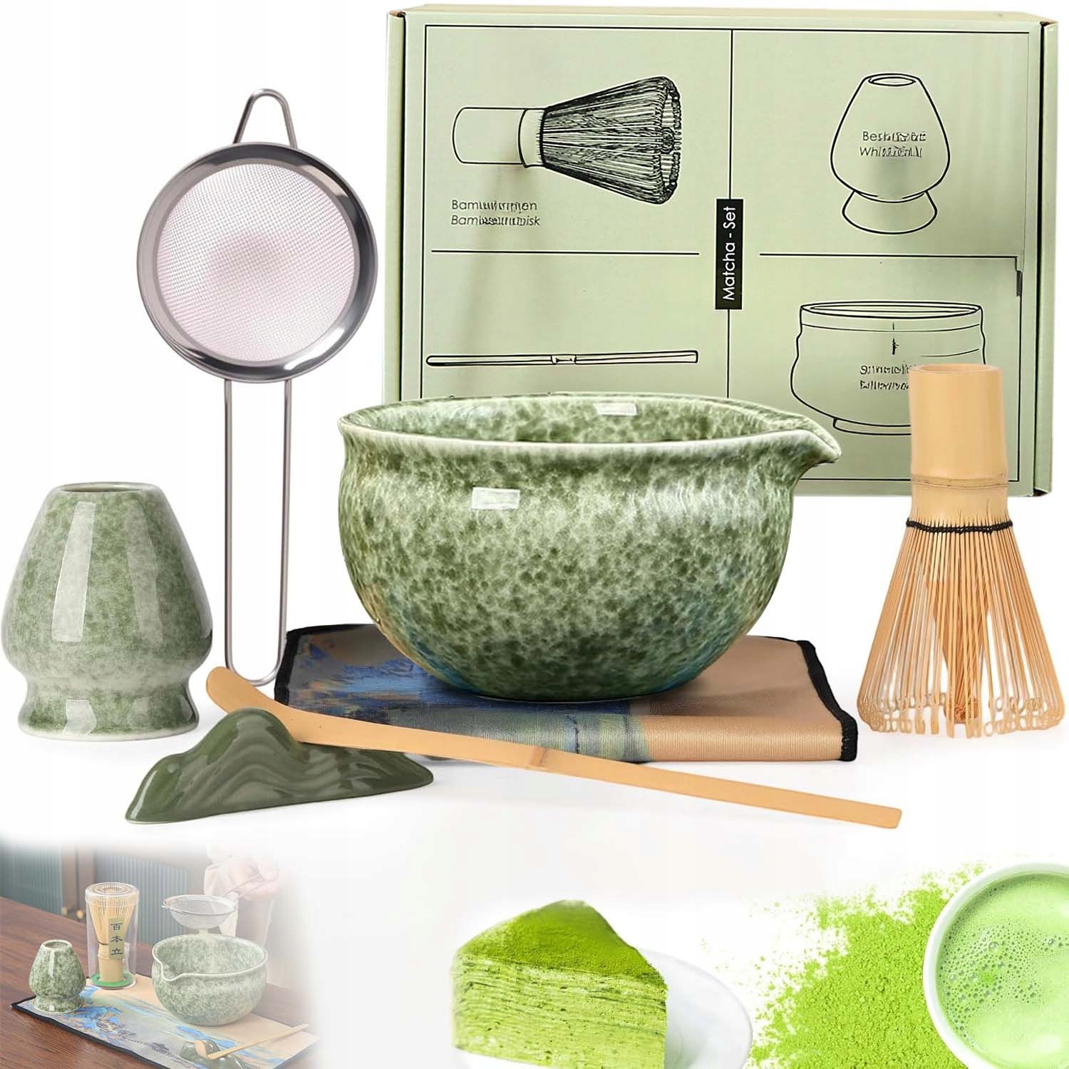 Levně Keramická Sada Pro Matchi 7 Kusů Skvrnitá Zelená Miska Sítko Lžíce