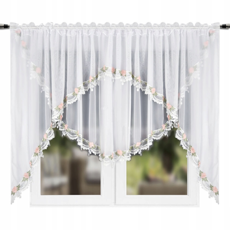 Záclony s guipurou Hotová Voál 400 x 160 Výšivka Květiny Bílá
