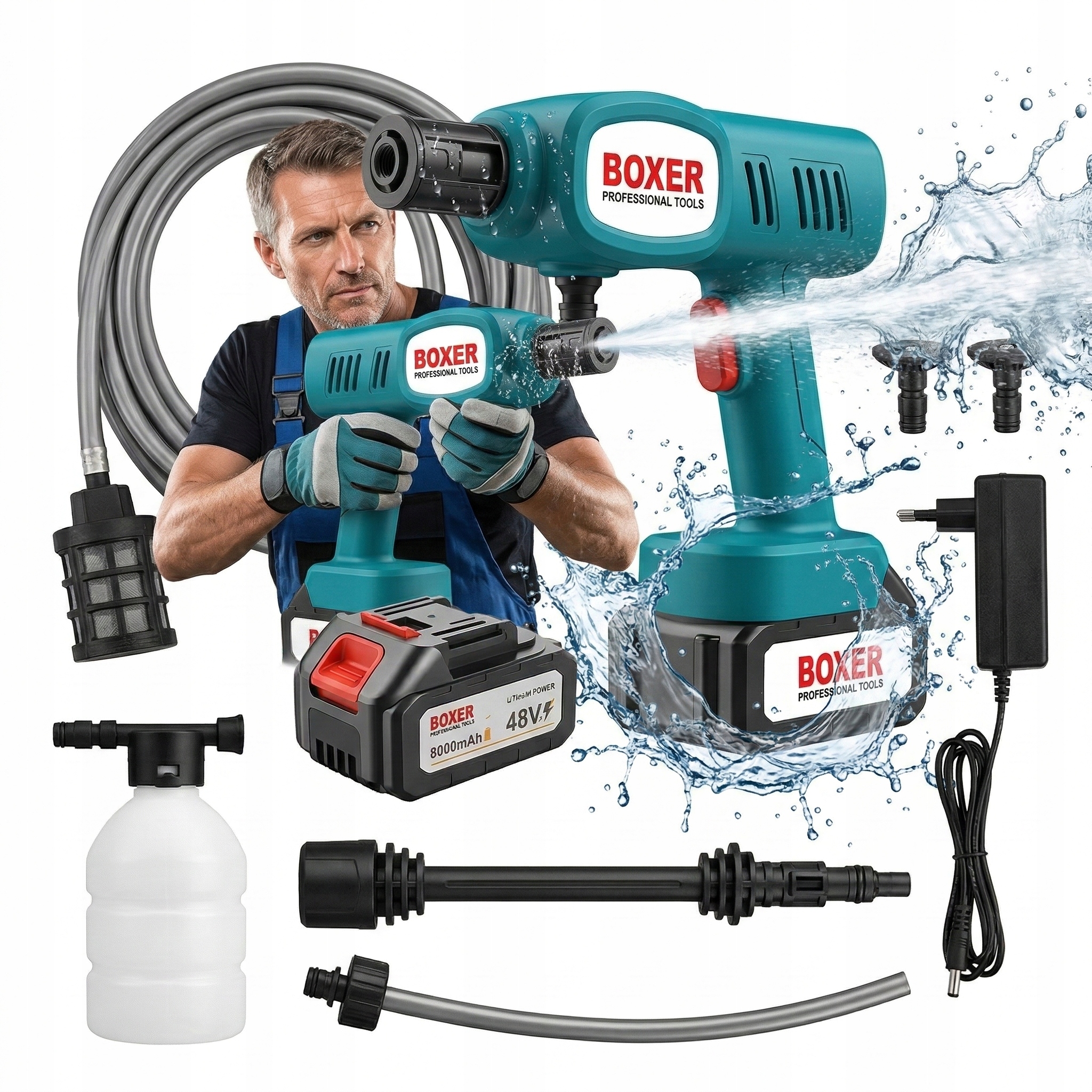 Mocna Myjka ciśnieniowa Bezprzewodowa 48V 80 Bar 2x Baterie 6000Mah Zestaw