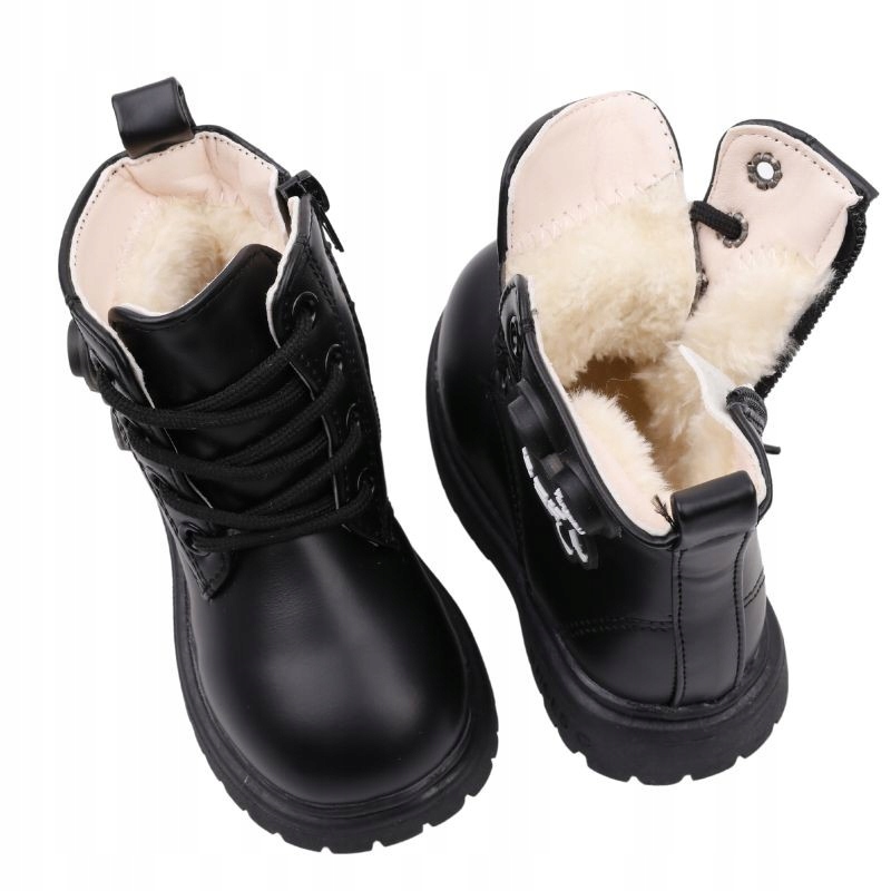 BOTKI DZIEWCZĘCE OCIEPLANE TRAPERY BUTY ZIMOWE ŚNIEGOWCE SUWAKI CZARNE Kolor czarny