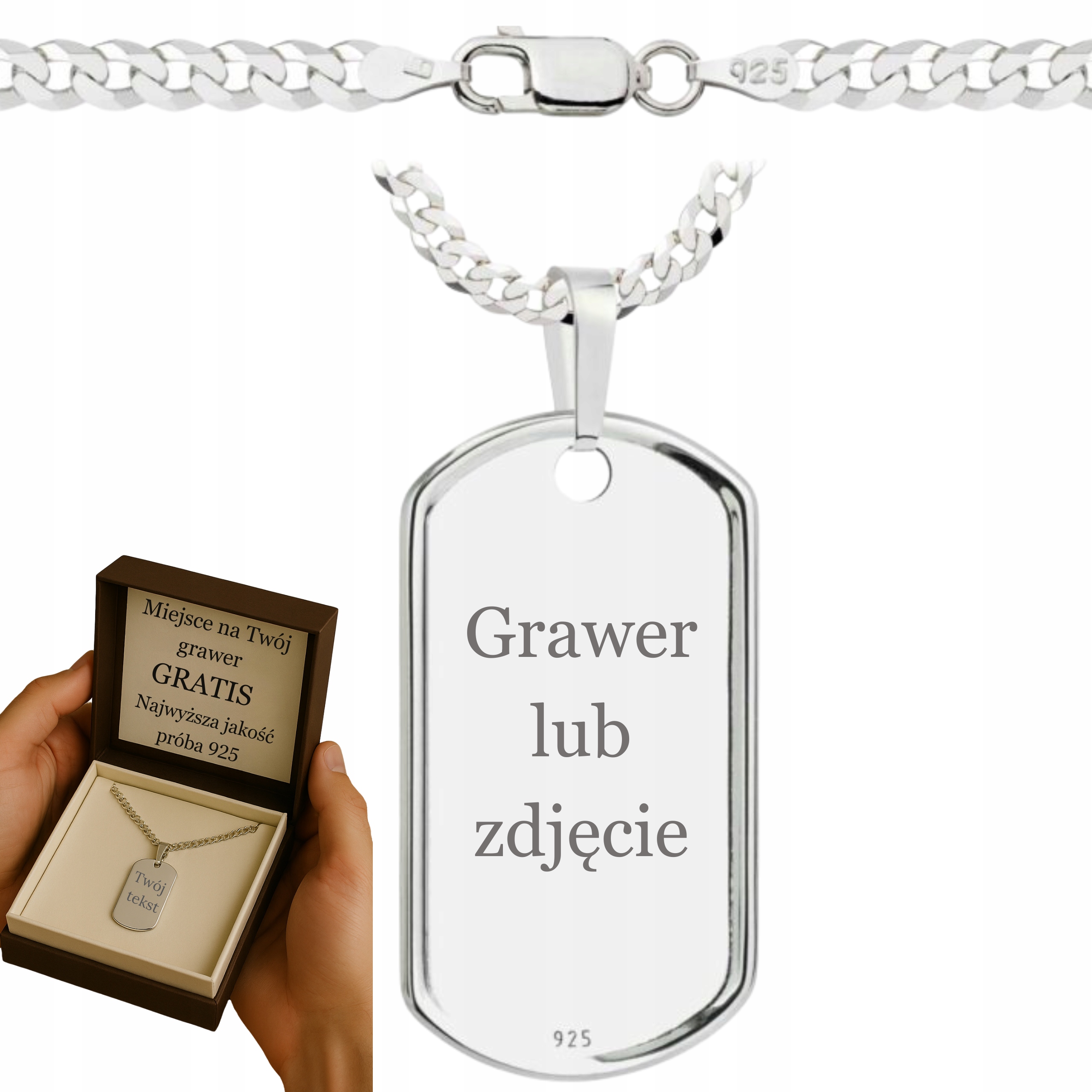 Stříbrný Plný Řetízek Pánský Pancr Vojenská Známka Ryzost 925 Gravírování Bonus
