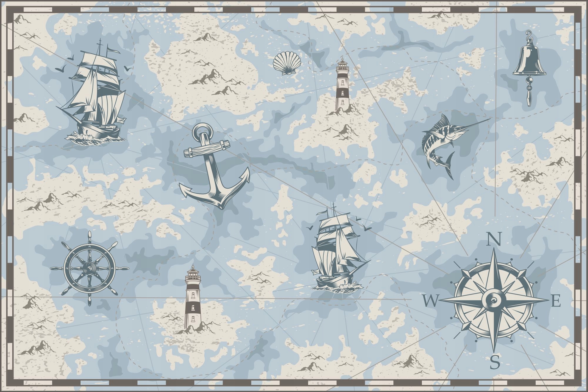 Настенные фрески на размер карта, маяк, корабли
