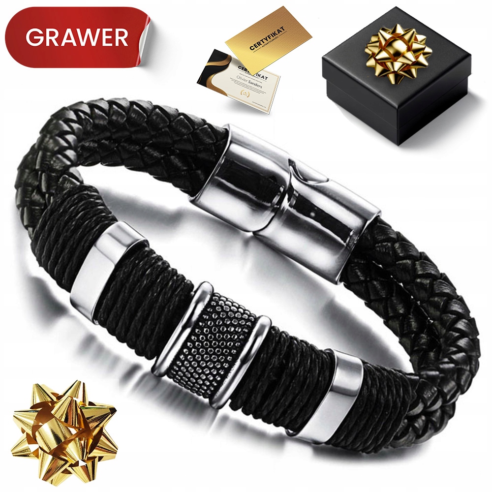 Kožený Pánský Náramek Černý Stříbrný Gravírování Jako Dárek Pro Tatínka Chlapa