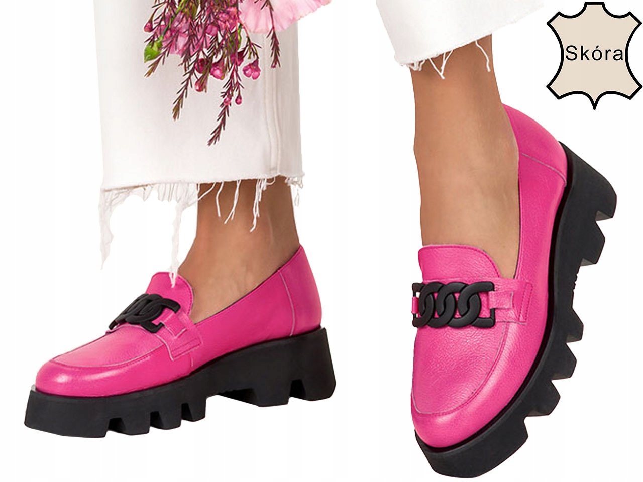 MOKASYNY DAMSKIE PÓŁBUTY SKÓRZANE BUTY Z ŁAŃCUCHEM