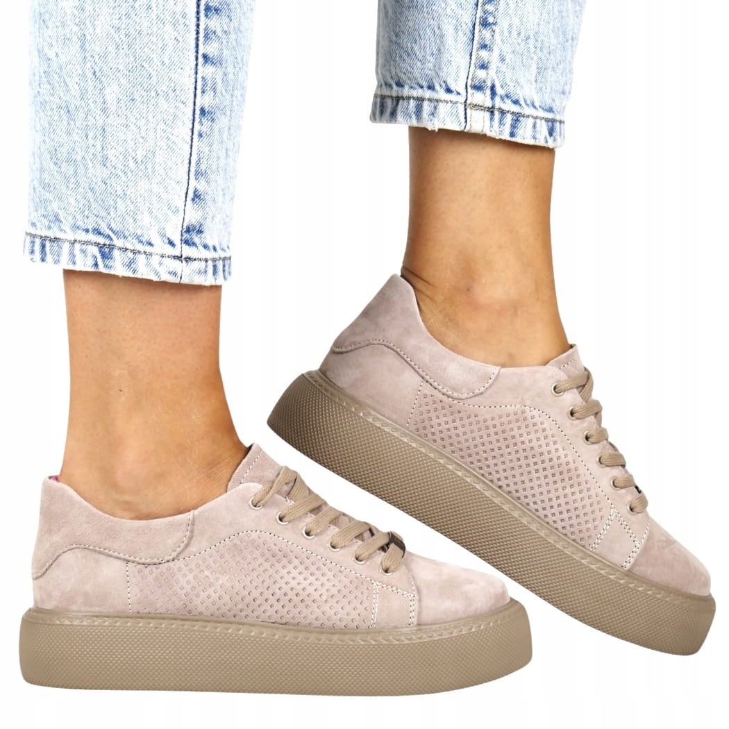 Dámské Tenisky Kožené Tenisky Na Platformě Taupe Béžové Díry