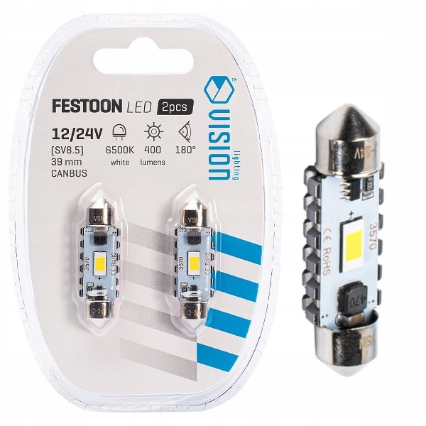 2x Żarówka C5W Led C10W Vision 39mm 12/24V Canbus Biała White