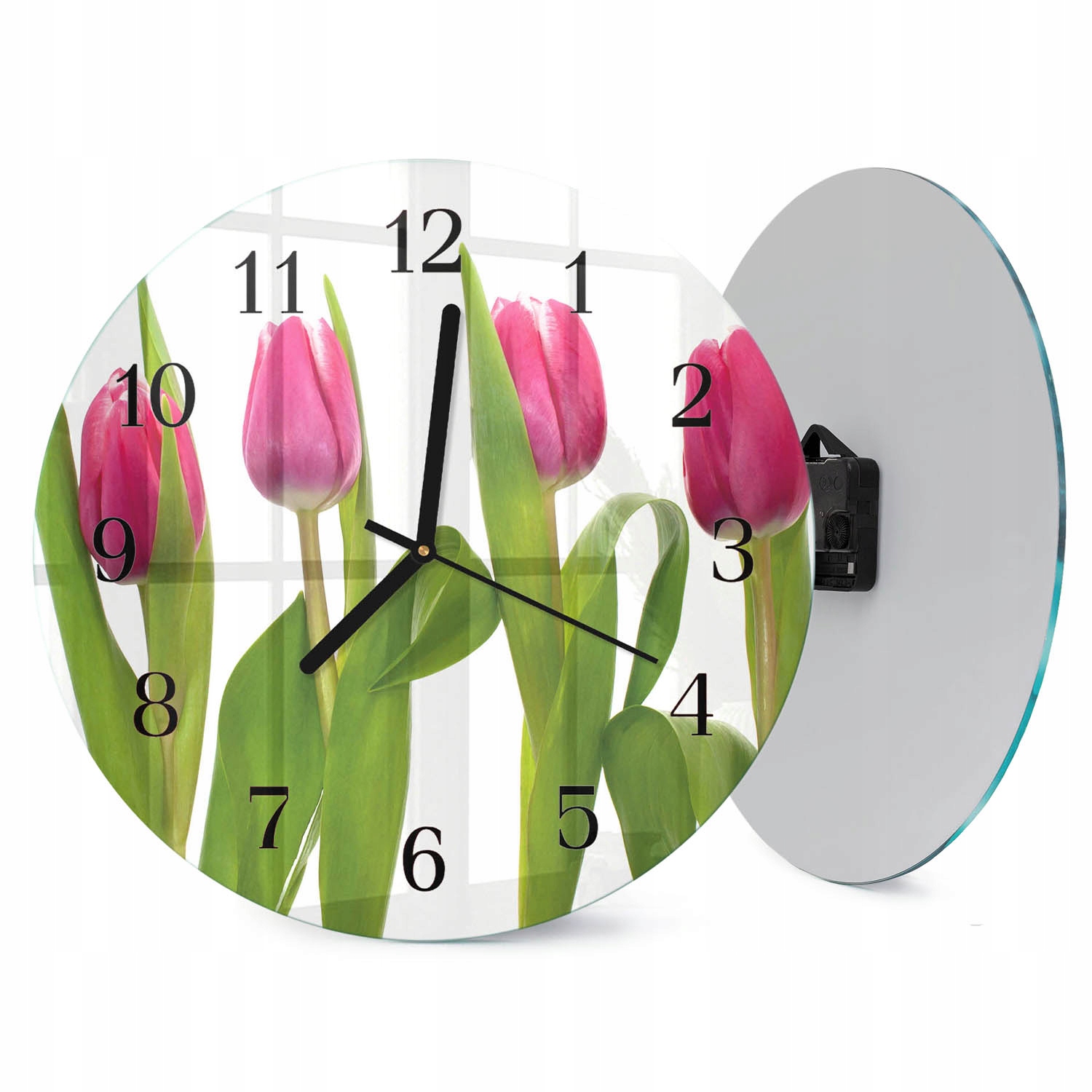 Nástěnný Kulatý skleněný hodinový stroj pro moderní interiéry Tulipány, průměr 30 cm