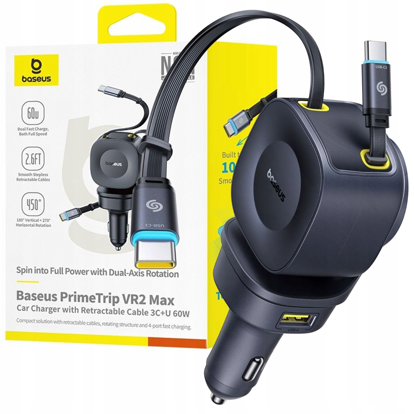 Ładowarka Samochodowa VR2 Max 60W 2X Zwijany Kabel Usb-c Port Uab-c Usb-a
