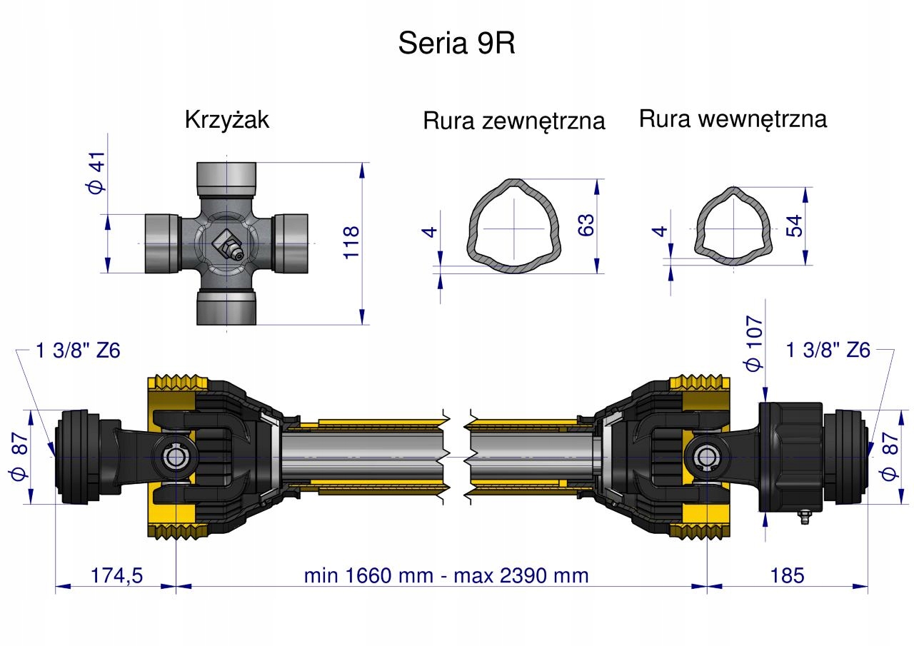 Wał przegubowo-teleskopowy 1660-2390mm 1890Nm sprzęgło jednokierunkowe CE 2 Numer katalogowy części W9B1101660