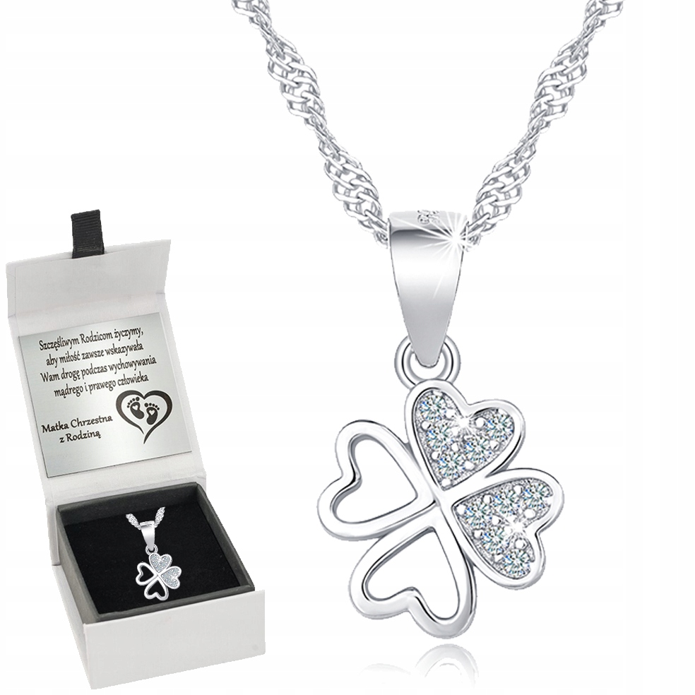 

Naszyjnik Srebrny Rodowany Serca Koniczyna Grawer