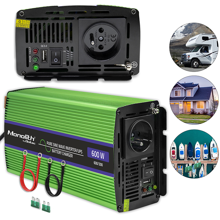Měnič Napětí s nabíjením Qoltec 12V 230V 600W Sinus pro lodní karavan Ups