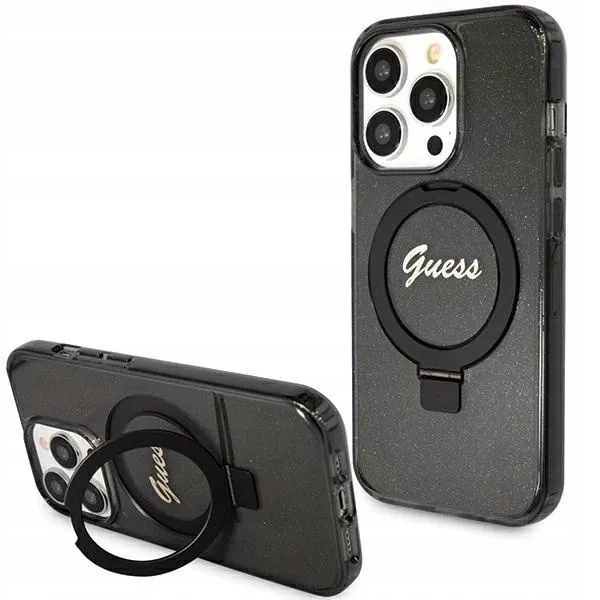 Pouzdro pro iPhone 15 Pro Max Guess Ring Stand Script Glitter MagSafe černé