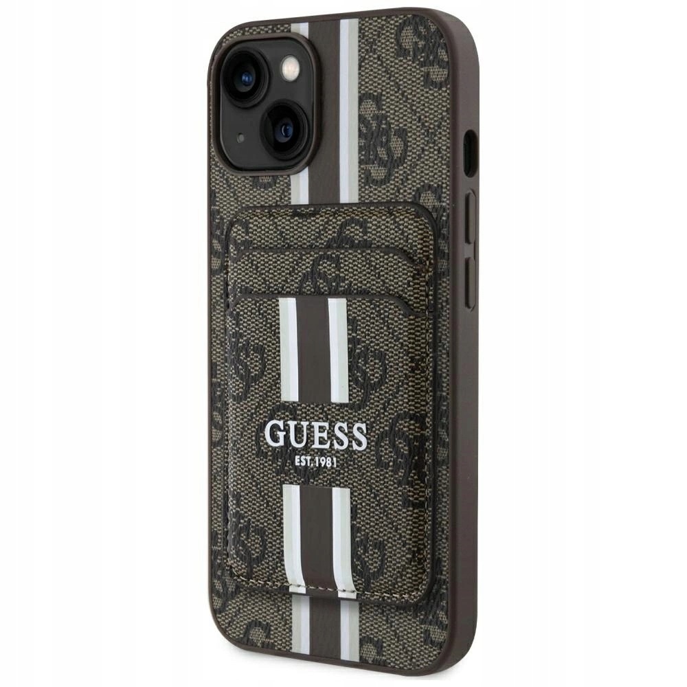 Etui Guess 4G Stripes z portfelem Magsafe do iPhone 15 brązowy