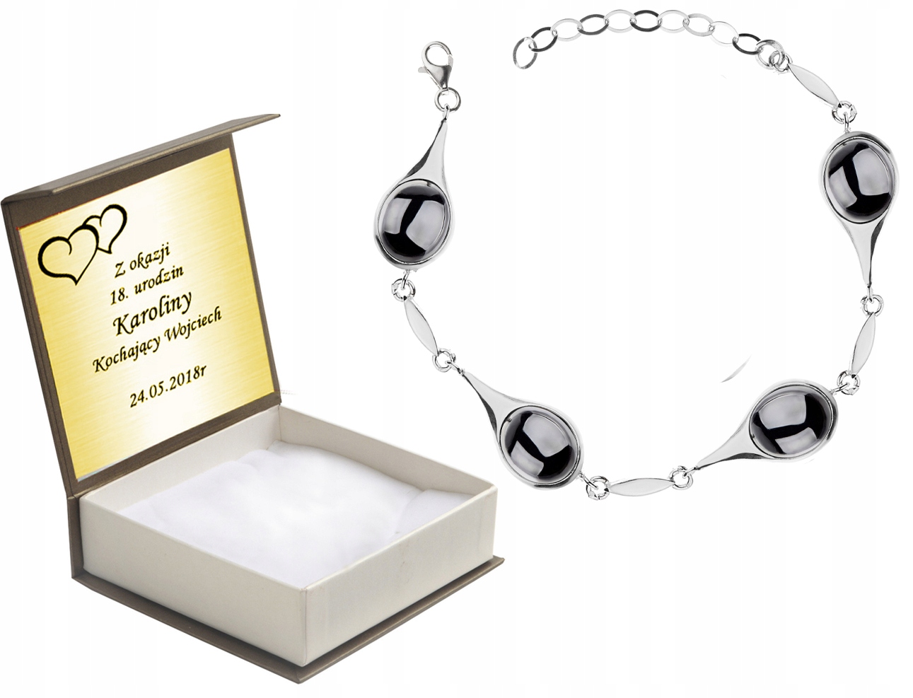 

Bransoletka Srebrna Z Hematytami Na Prezent+grawer