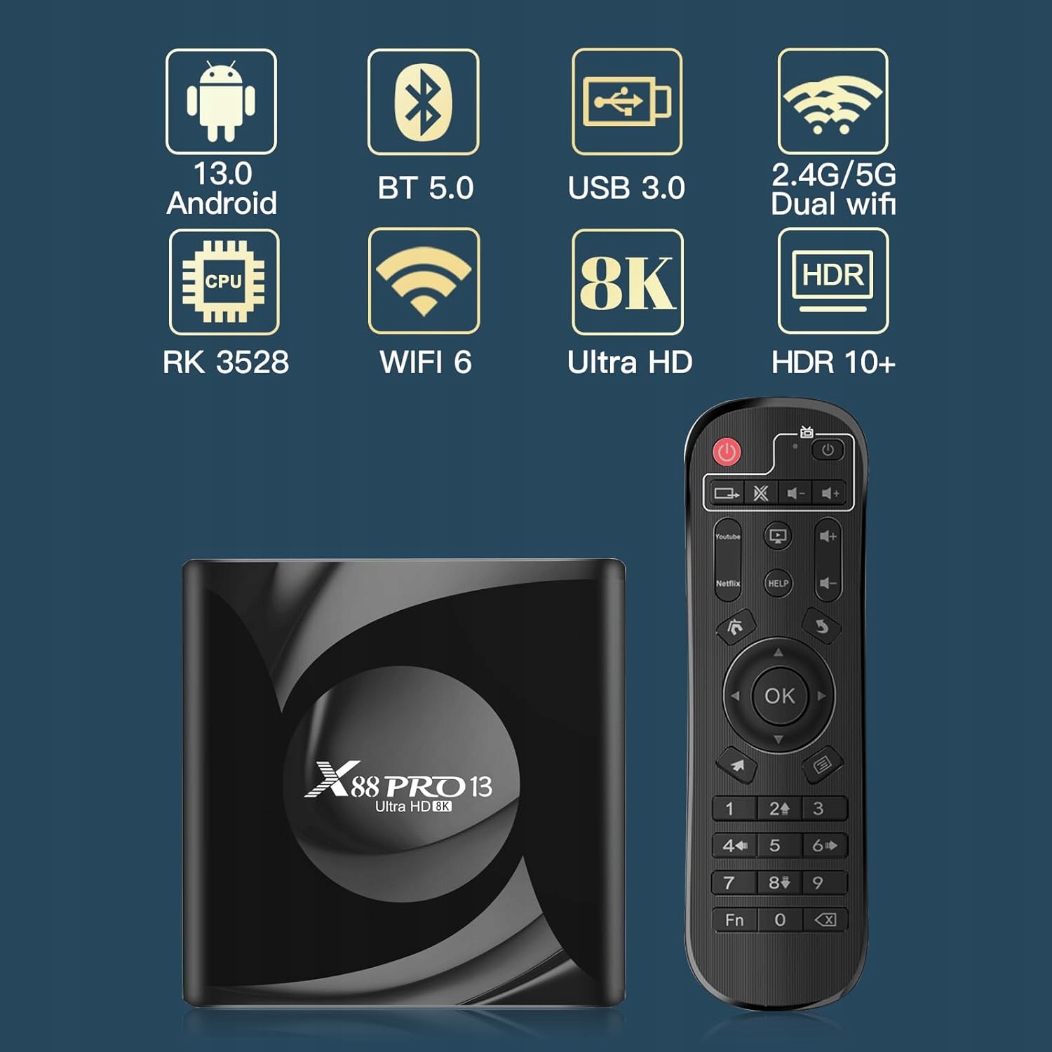 Dekoder Smart TV box X88pro,2/16GB, Wifi 6, Android 13, odtwarzacz HDD Cechy dodatkowe wbudowany HDD
