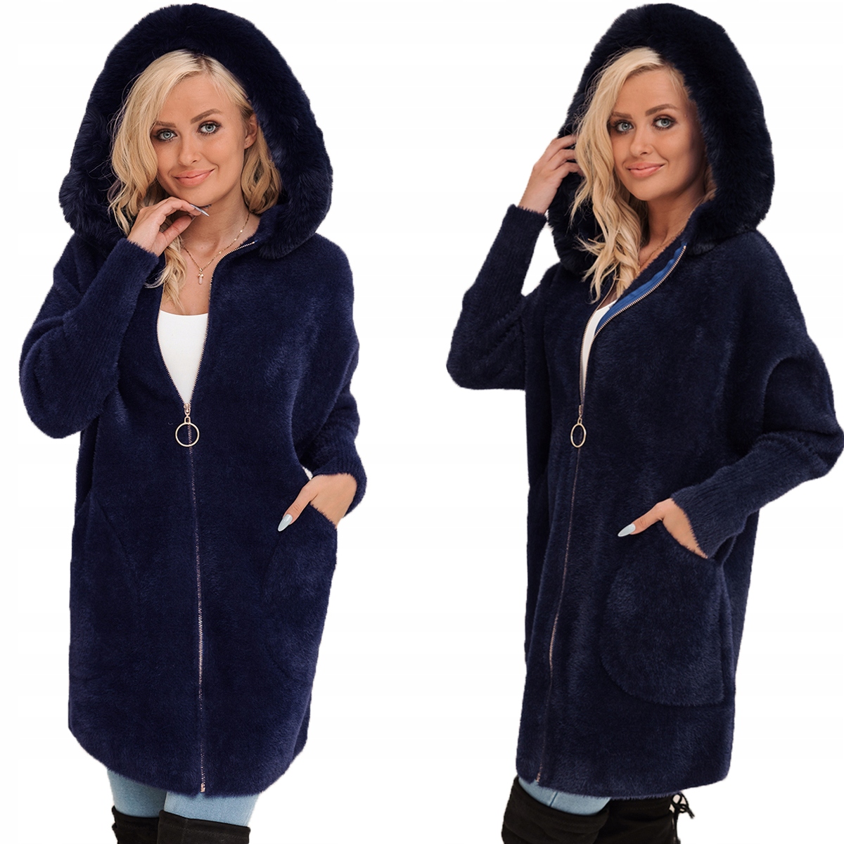 S Kožešinovým Kabátem Alpaka Na Zip, Teplá Vlna, Tmavě Modrá Barva