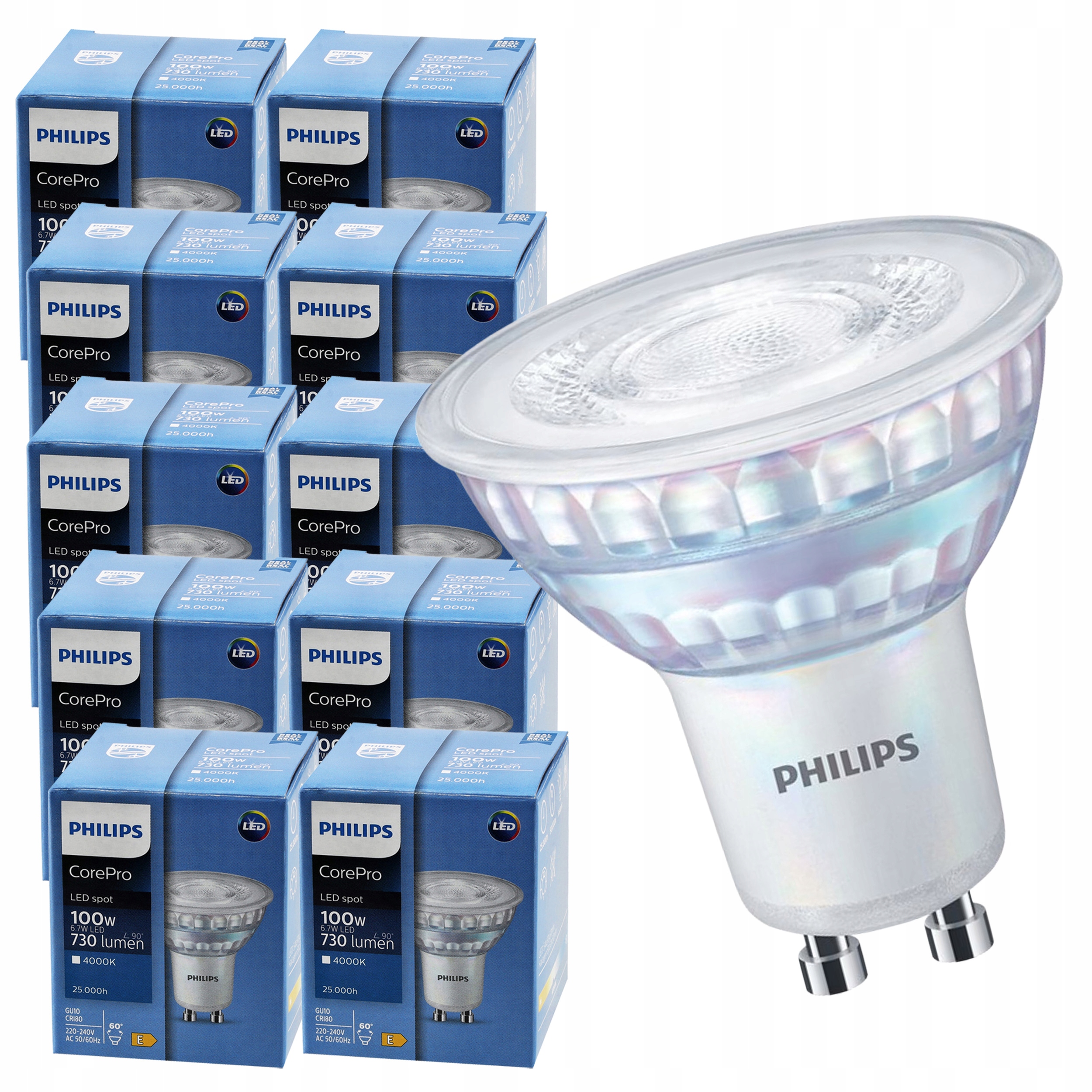 Żarówka Led GU10 Philips 6,7W =100W 730lm Dzienna 4000k Mocna 10x Zestaw