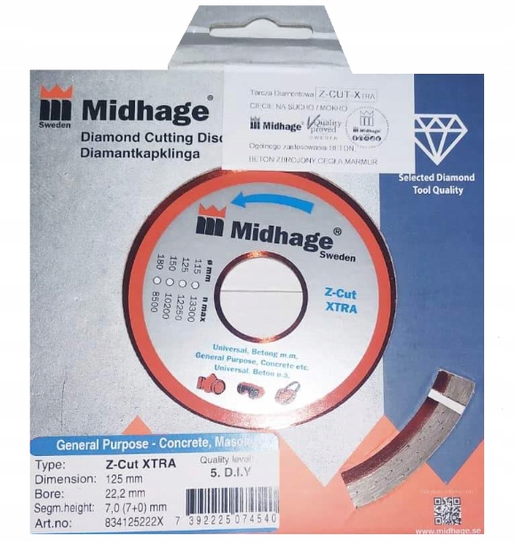 Diamantový Kotouč na Betonu 125x7x22,2 mm Midhage