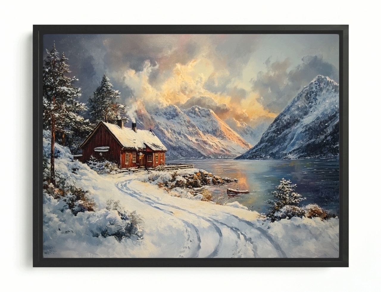Obraz Rám American Box Zima Krajina Chata Jazero Hory Sneh Západ 80x60
