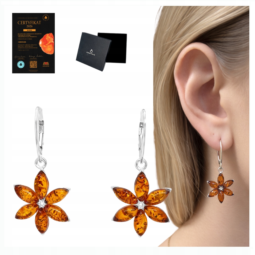 Náušnice dlouhé závěsné stříbrné květy 925 s jantarem koňak stříbro