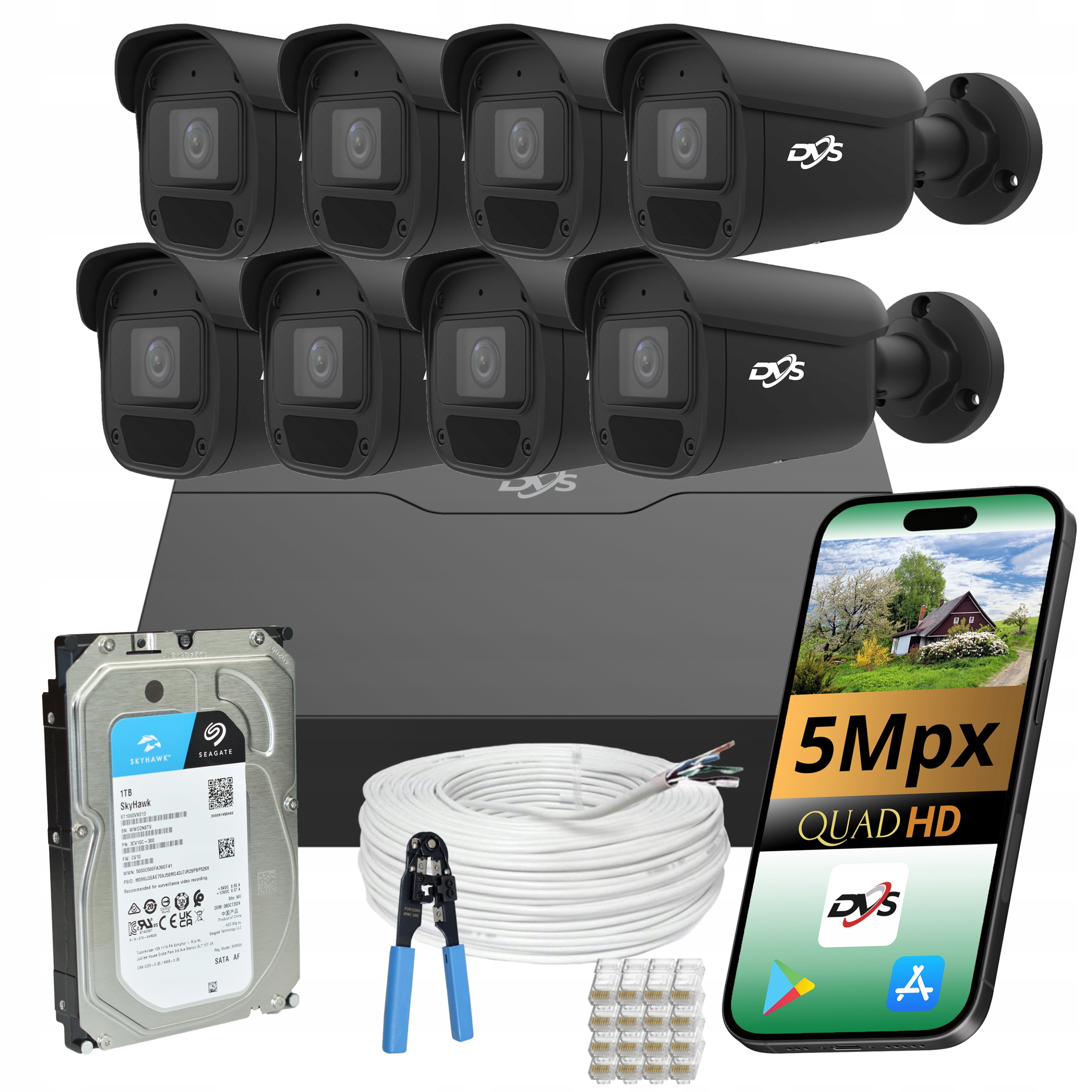 Sada na monitorovanie Ip 8 kamier PoE 5Mpx Externé Smart App Disk 1TB do domácnosti