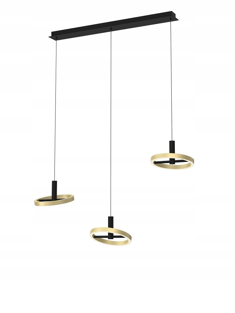 Stropná lampa s tromi visiacimi krúžkami na čiernom nosníku Brest