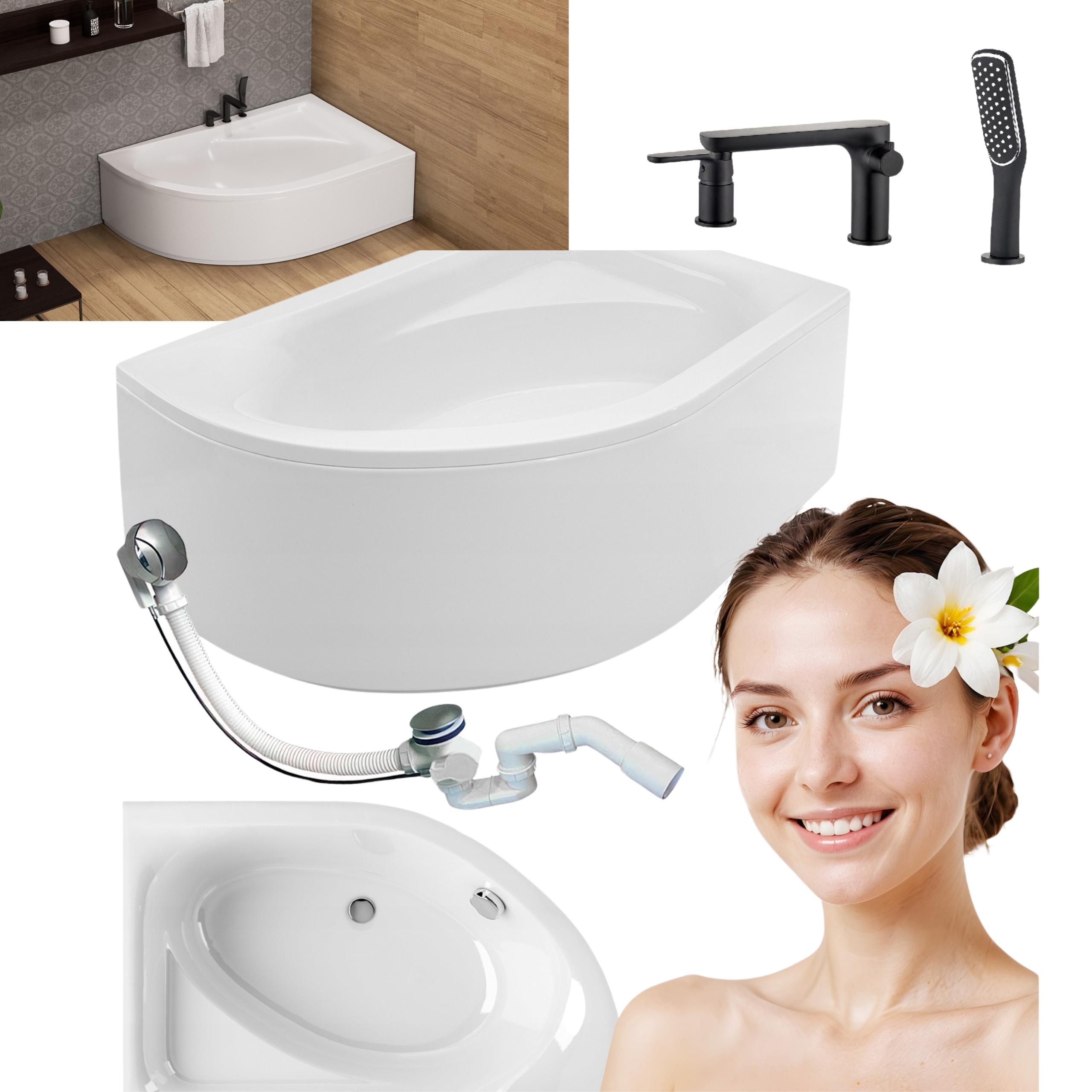 Rohová Vana S Krytem Sifonu Pravá, Baterie 3-OTVOROVÁ, Černá 170X110