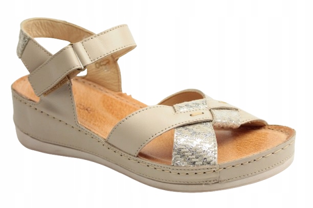 Dámské sandály Wasak 0473 39 Béžová+Stříbro Kožené Polská společnost