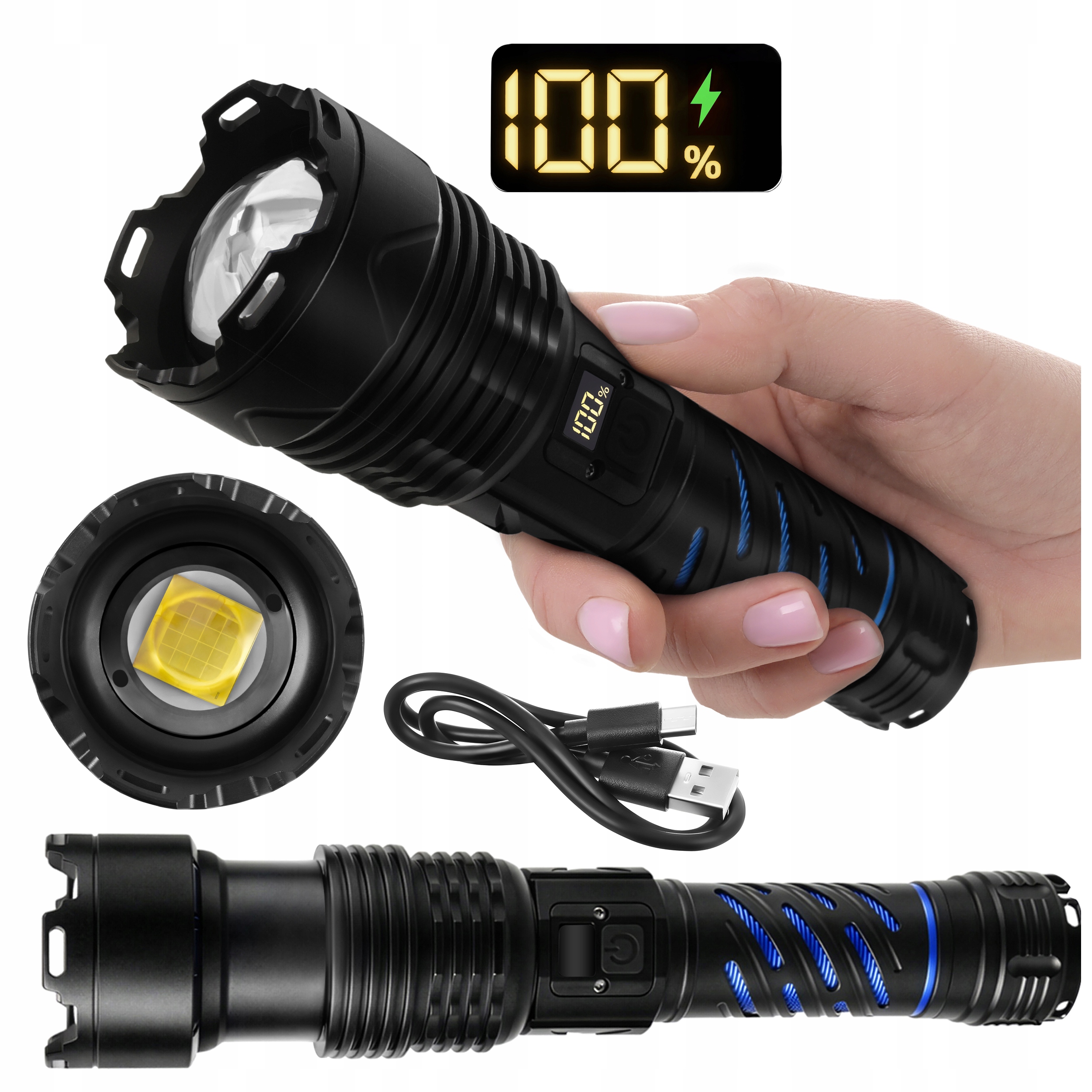 Taktická Led Cob svítilna Silná Akumulátorová Zoom Vojenská Reflektor na Usb