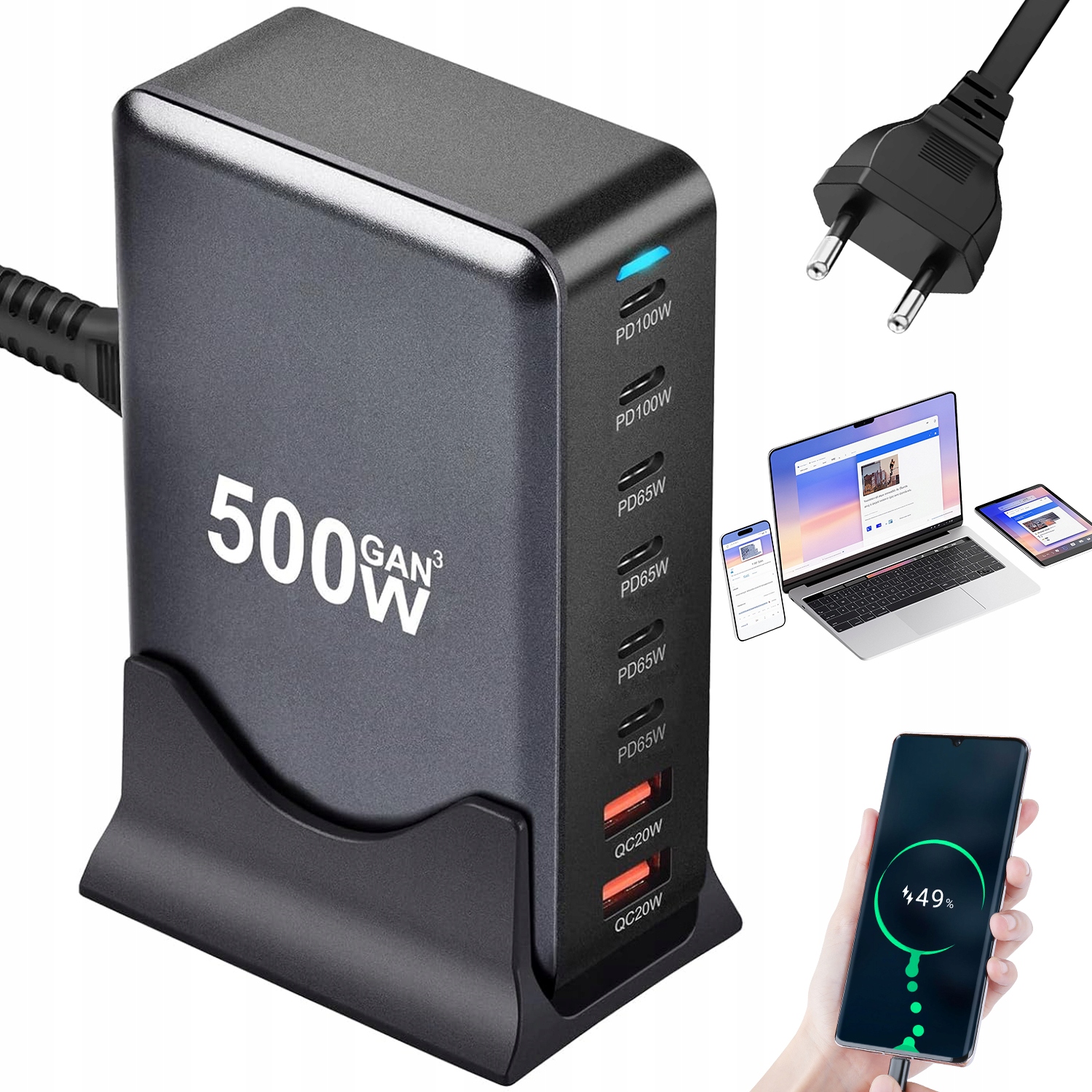 Nabíjecí Stanice Gan 500W 8 Portů Usb C Usb A Pro Více Zařízení