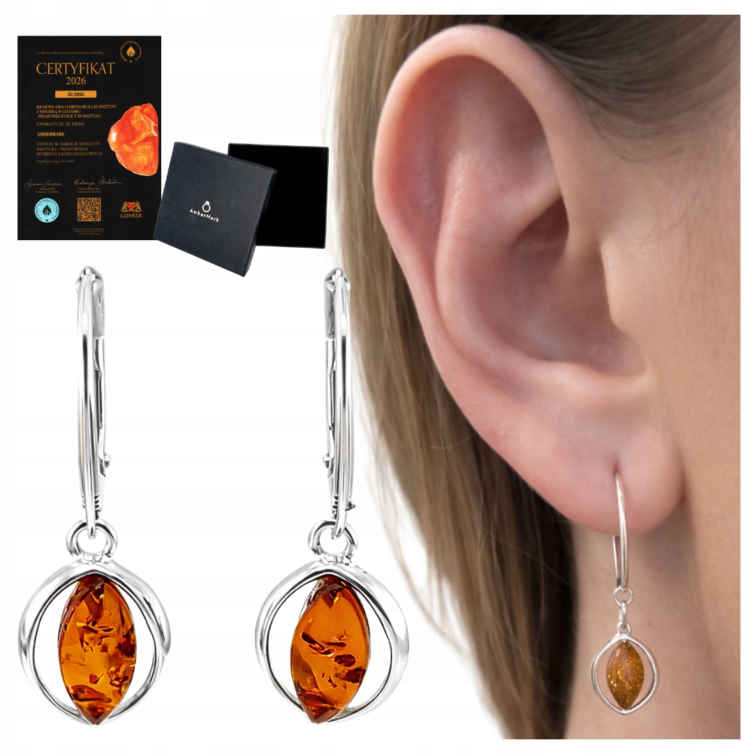 Stříbrné náušnice 925 s koňakovým baltským jantarem, elegantní