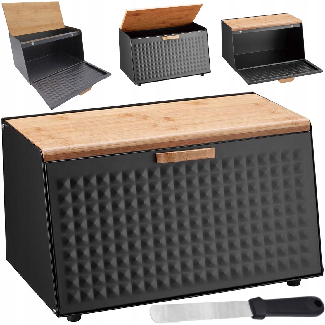 ELEGANCKI ZESTAW CHLEBAK METALOWY DREWNO POJEMNIK NA ŻYWNOŚĆ CZARNY + NÓŻ Kod producenta 2743