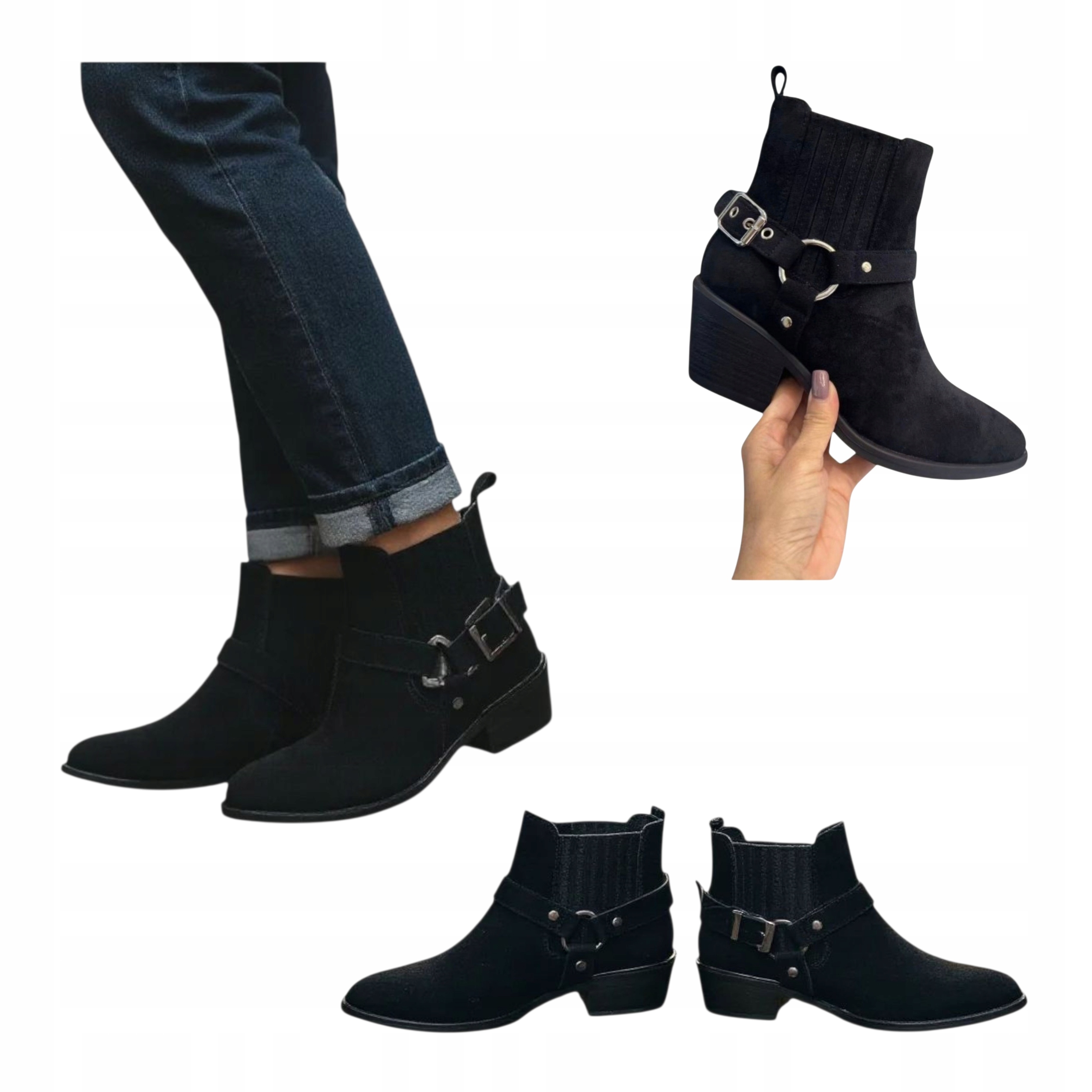 Dámské Kotníkové Boty na podpatku Klasické Kovbojské Boty Kožené Semišové Černé vel. 37