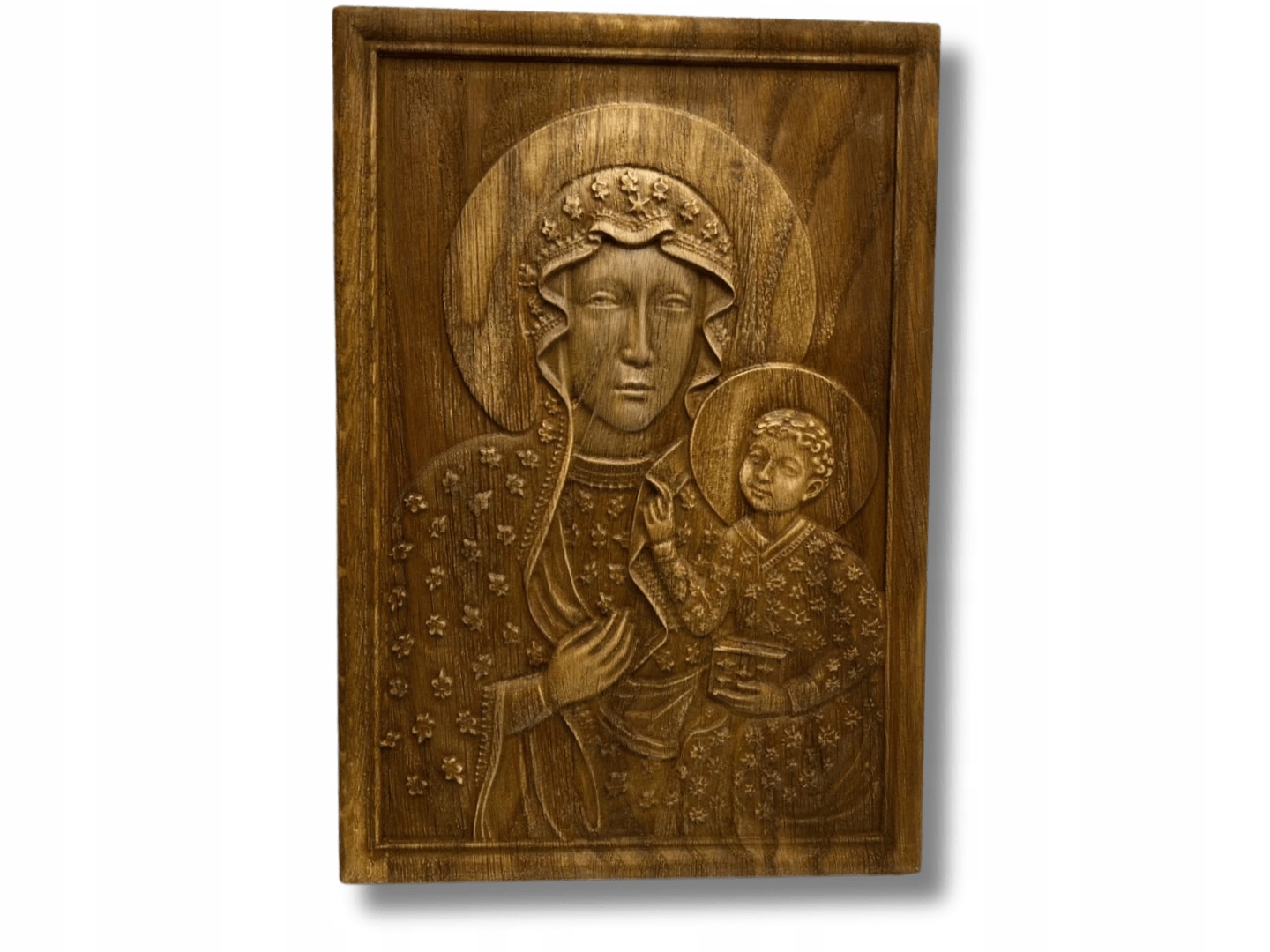 Płaskorzeźba Matka Boska Częstochowska Drewniana Obraz 31
