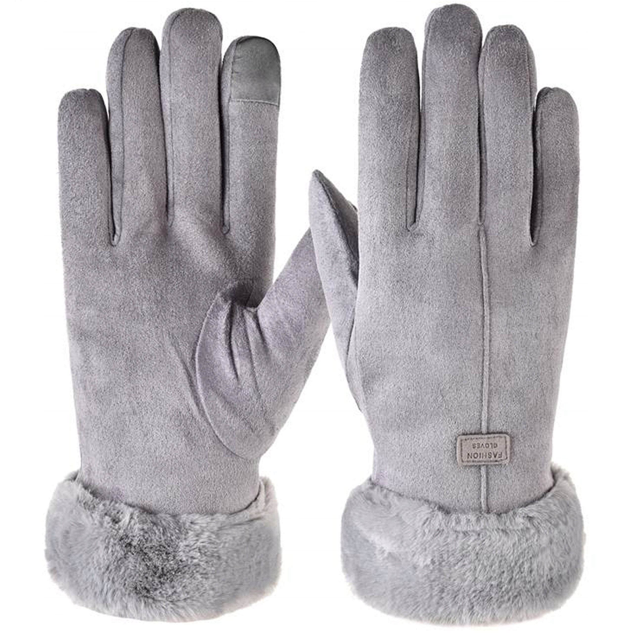 RĘKAWICZKI DOTYKOWE DAMSKIE ZIMOWE SZARE CIEPŁE KLASYCZNE MIŚ ELEGANCKIE